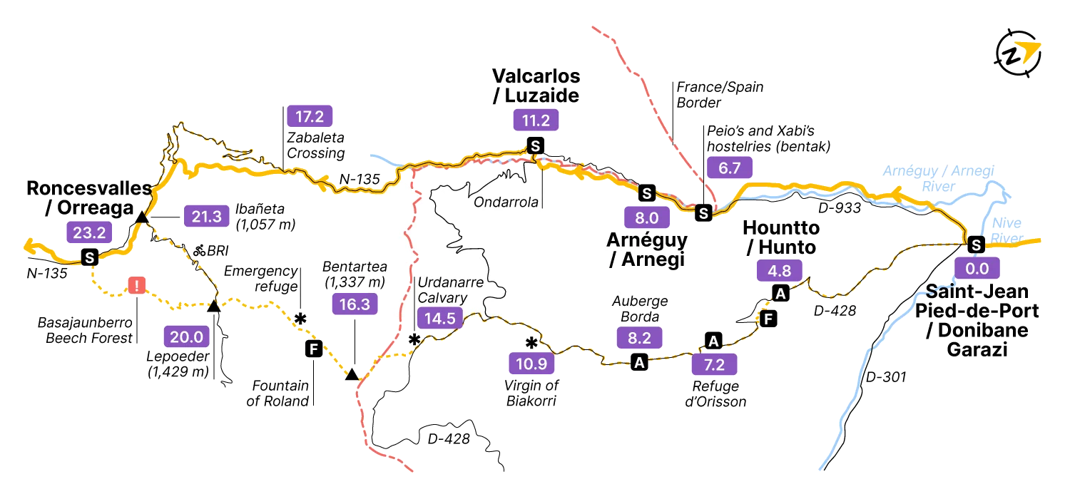 Route map for Saint-Jean-Pied-de-Port to Roncesvalles through Valcarlos/Luzaide