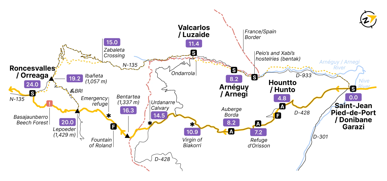 Route map for Saint-Jean-Pied-de-Port to Roncesvalles through the Napoleon Route
