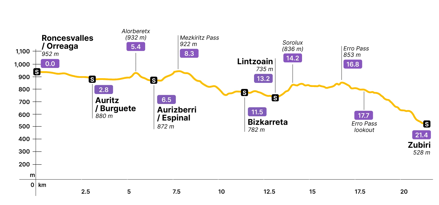 Elevation profile for Roncesvalles to Zubiri